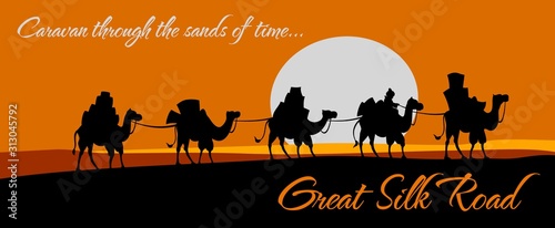 Great silk road, camel caravan with trade goods in desert steppe. Vector poster of ancient Eastern Asia and Oriental trade route, East traders journey on camels in desert sands