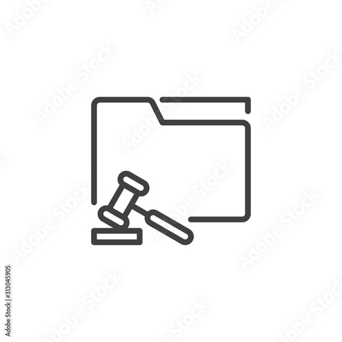 Court folder with judge gavel line icon. linear style sign for mobile concept and web design. Legal document folder outline vector icon. Symbol, logo illustration. Vector graphics