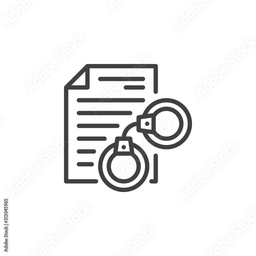 Arrest warrant document line icon. linear style sign for mobile concept and web design. Legal document with handcuffs outline vector icon. Symbol, logo illustration. Vector graphics photo