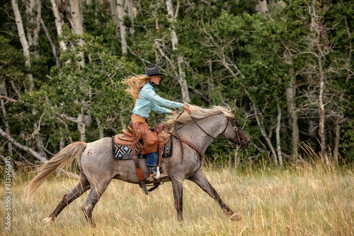 Cowgirl On Rocky Mountain Horse