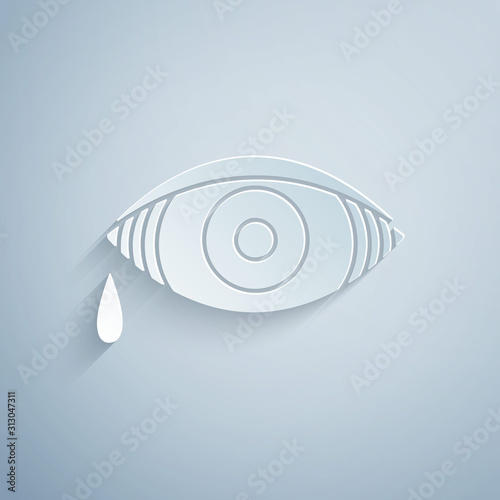 Paper cut Reddish eye due to viral, bacterial or allergic conjunctivitis icon isolated on grey background. Paper art style. Vector Illustration