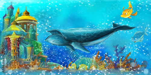 Fototapeta Naklejka Na Ścianę i Meble -  cartoon scene with fishes in the beautiful underwater kingdom coral reef - illustration for children