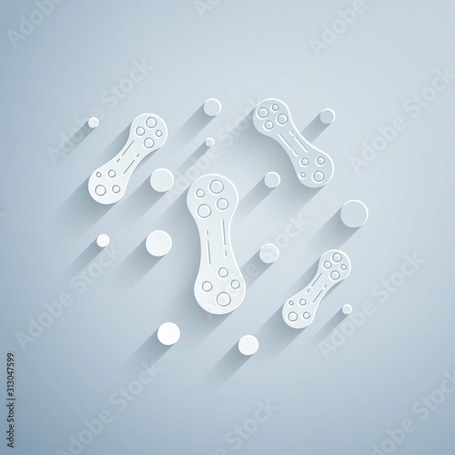 Paper cut Bacteria icon isolated on grey background. Bacteria and germs, microorganism disease causing, cell cancer, microbe, virus, fungi. Paper art style. Vector Illustration