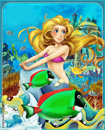 cartoon scene with mermaid princess sitting on big shell in underwater kingdom with fishes - illustration for children © honeyflavour