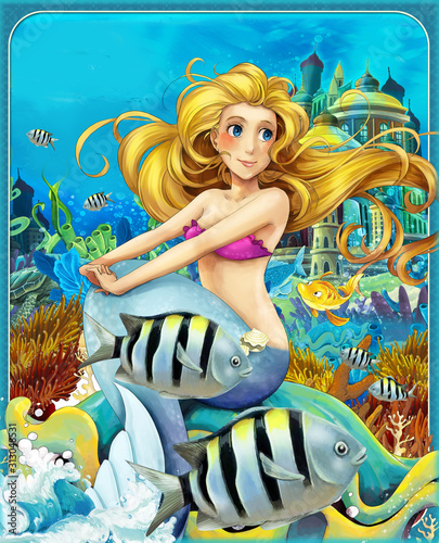 cartoon scene with mermaid princess sitting on big shell in underwater kingdom with fishes - illustration for children