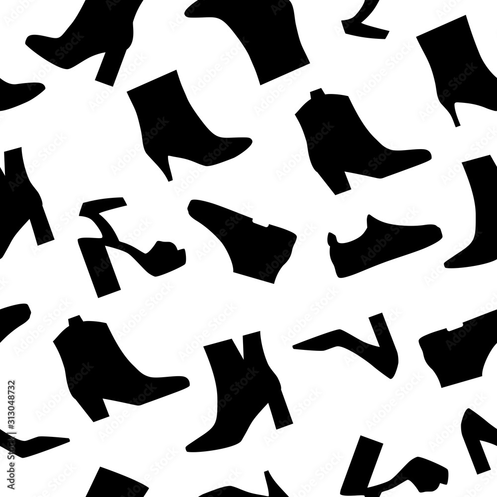 Seamless pattern with shoes. Black seamless pattern with shoes in trendy style on white background. Beautiful fashion art.