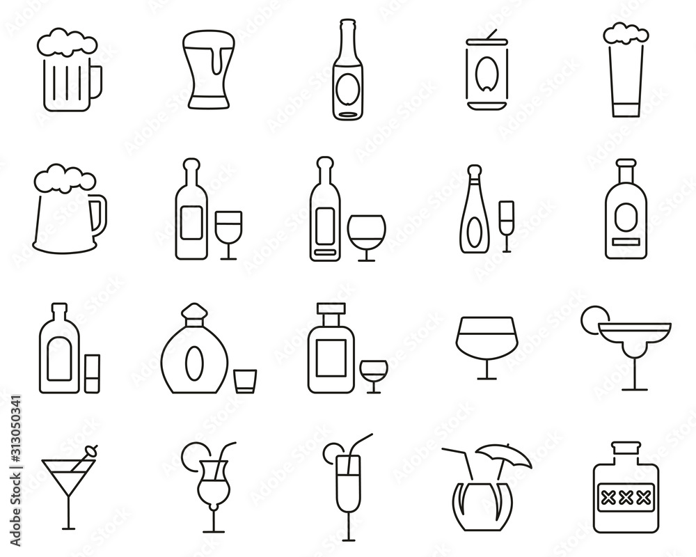 Alcoholic Drinks Icons Thin Line Set Big Alcoholic Drinks Icons Thin Line Set Big