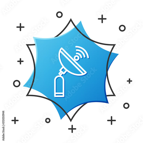 White line Radar icon isolated on white background. Search system. Satellite sign. Blue hexagon button. Vector Illustration