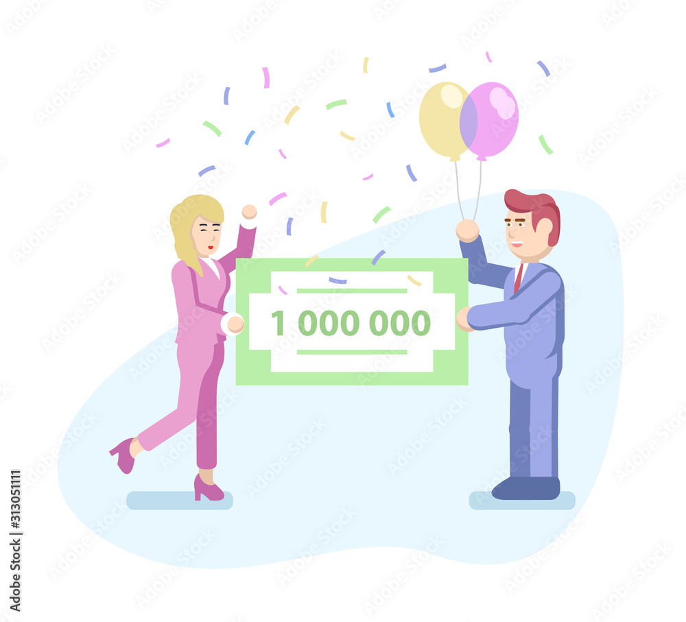 A woman and a man in formal suits hold a Bank check for a million dollars. The concept of a lottery win. Vector illustration in modern flat style. A woman and a man in formal suits hold a Bank check for a million dollars. The concept of a lottery win. Vector illustration in modern flat style.
