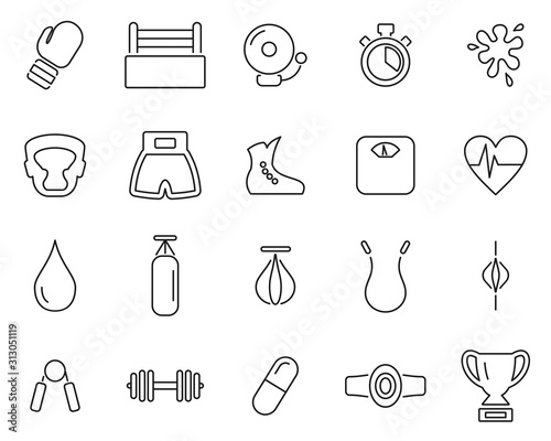 Boxing Sport & Equipment Icons Thin Line Set Big