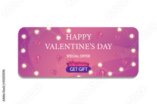 Happy Valentine’s day sale offer banner background. Valentine gift flyer, advertisement discount. Discount price vector illustration with heart balloon and garland.