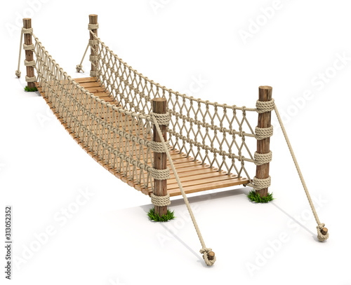 Fototapeta Naklejka Na Ścianę i Meble -  Rope suspension bridge on white background - 3D illustration