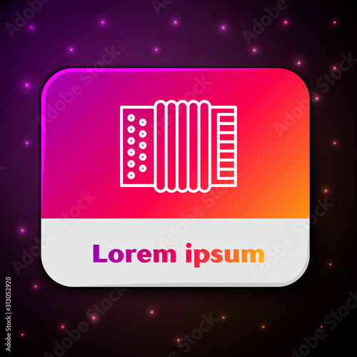 White line Musical instrument accordion icon isolated on black background. Classical bayan, harmonic. Rectangle color button. Vector Illustration