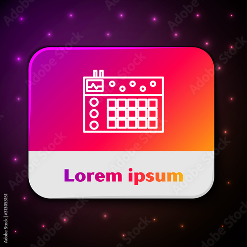 White line Drum machine icon isolated on black background. Musical equipment. Rectangle color button. Vector Illustration