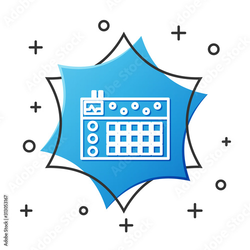 White line Drum machine icon isolated on white background. Musical equipment. Blue hexagon button. Vector Illustration