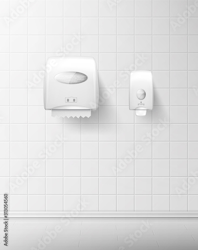 Dispenser for liquid soap and paper towels on tiled wall, realistic vector. White equipment for public toilets, hygiene care and clean hands, soap pump and wall-mounted roll towel holder isolated