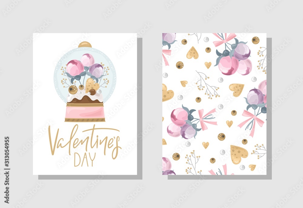 Set of Valentine's day Greeting cards with flowers, sweets, branches, romantic elements and handwritten text.  Vector illustration. Template for invitation, greeting, greetings, posters.