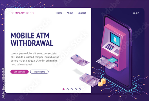 Mobile atm withdrawal isometric concept vector banner. Banking technology, financial apps, cache machine on smartphone screen, credit card and cash money, connection lines on ultraviolet background