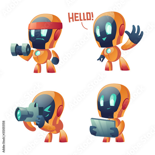Cute chat bot cartoon vector set illustration. Yellow funny smart conversation robot, assistant make hand gesture waving hello, with tablet and foto camera, train with dumbbell isolated on white