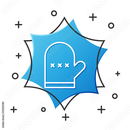 White line Oven glove icon isolated on white background. Kitchen potholder sign. Cooking glove. Blue hexagon button. Vector Illustration