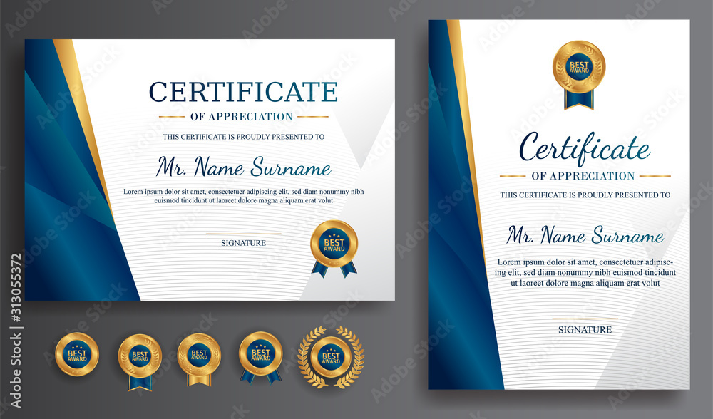 Premium gold and blue certificate of appreciation template, clean ...