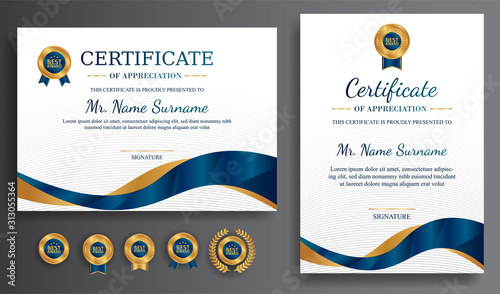 Premium gold and blue certificate of appreciation template, clean modern design with gold badge
