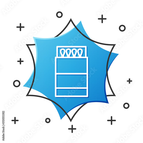 White line Open matchbox and matches icon isolated on white background. Blue hexagon button. Vector Illustration