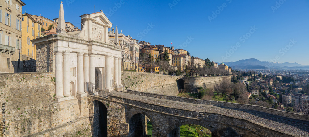 Bergamo, Italy. The old town. Landscape at the ancient gate Porta San Giacomo and the Venetian walls, an Unesco World Heritage