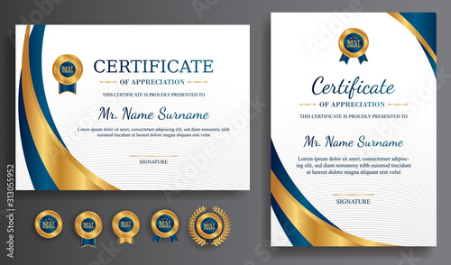 Premium gold and blue certificate of appreciation template, clean modern design with gold badge