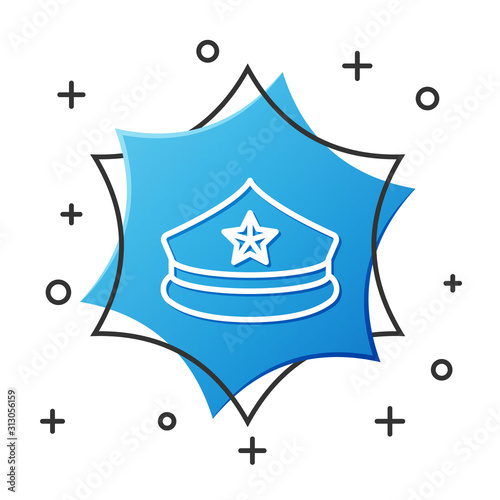White line Police cap with cockade icon isolated on white background. Police hat sign. Blue hexagon button. Vector Illustration