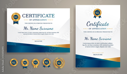 Premium gold and blue certificate of appreciation template, clean modern design with gold badge
