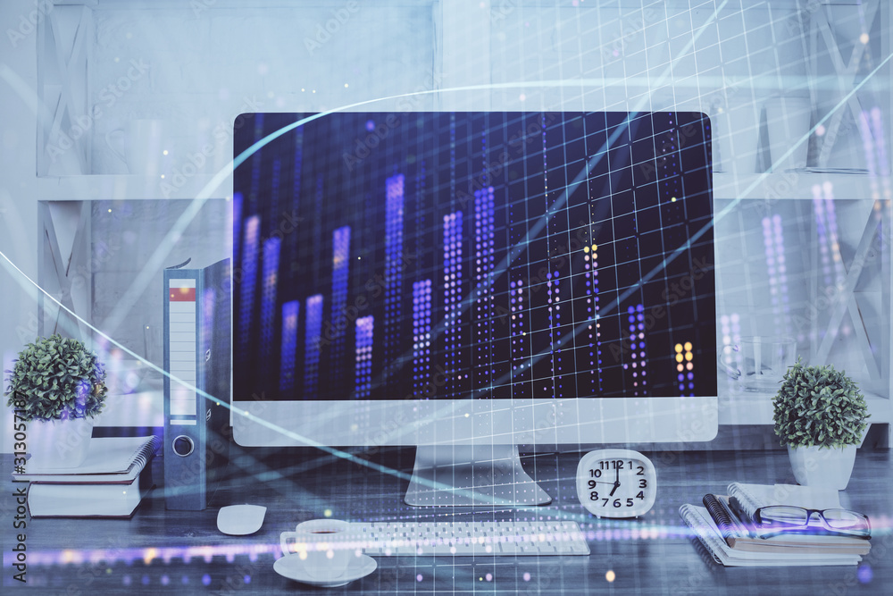 Forex graph hologram on table with computer background. Double exposure. Concept of financial markets. Forex graph hologram on table with computer background. Double exposure. Concept of financial markets.