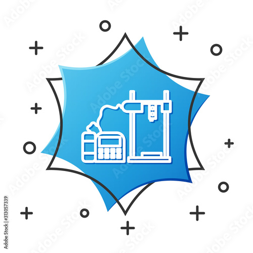 White line 3D printer icon isolated on white background. Blue hexagon button. Vector Illustration