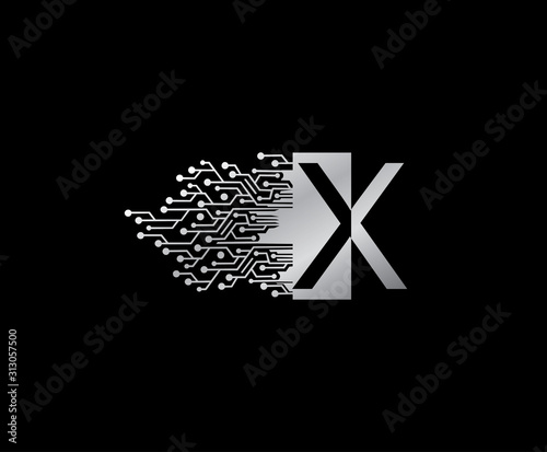 Digital Network  x Letter Logo Icon, Metal x Line Connection Data Design.