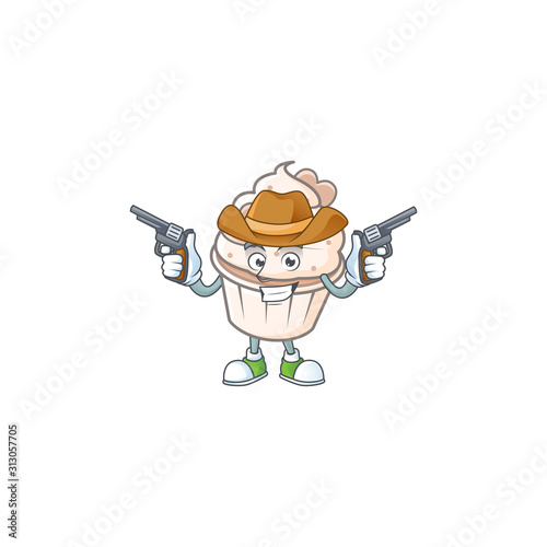 Confident white cream love cupcake Cowboy cartoon character holding guns