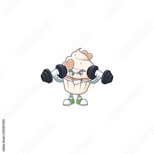 Fitness exercise white cream love cupcake mascot icon with barbells
