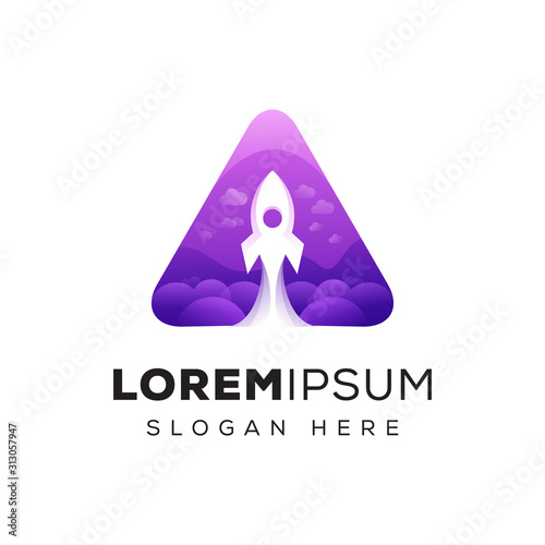 rocket launch with triangle logo, letter A with rocket logo template
