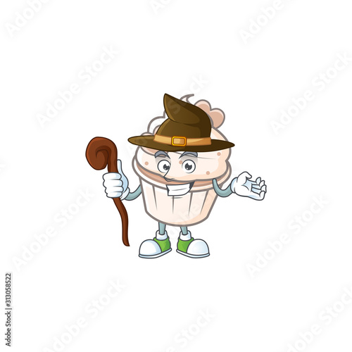 cartoon mascot style of white cream love cupcake dressed as a witch