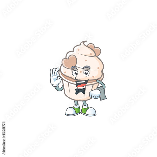 Friendly white cream love cupcake Character stand as a Waiter character