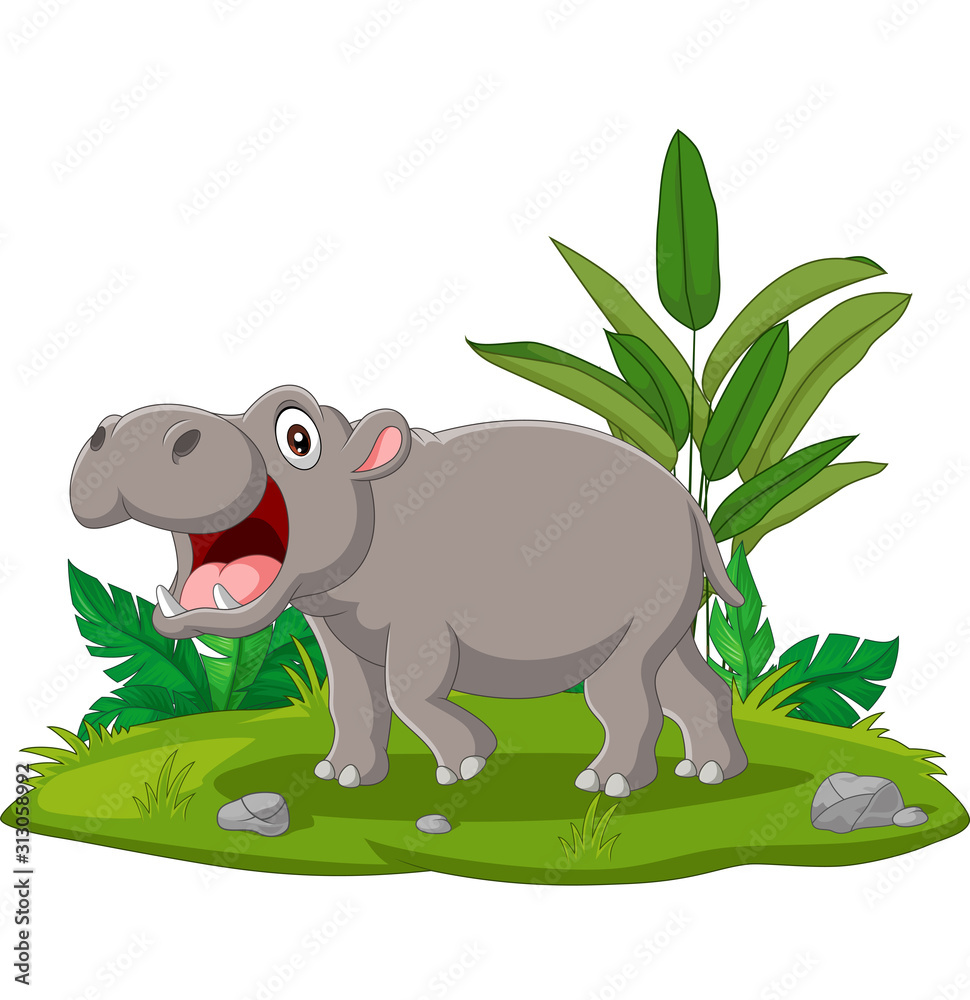 Naklejka premium Cartoon hippo with open mouth in the grass