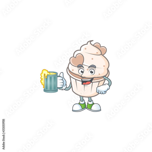 Happy white cream love cupcake mascot design with a big glass