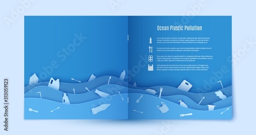 Papercut stop ocean plastic pollution blue flyer template. Sample environmental booklet. Sea waves and waste in paper cut style. Vector craft cardboard ecological poster concept.