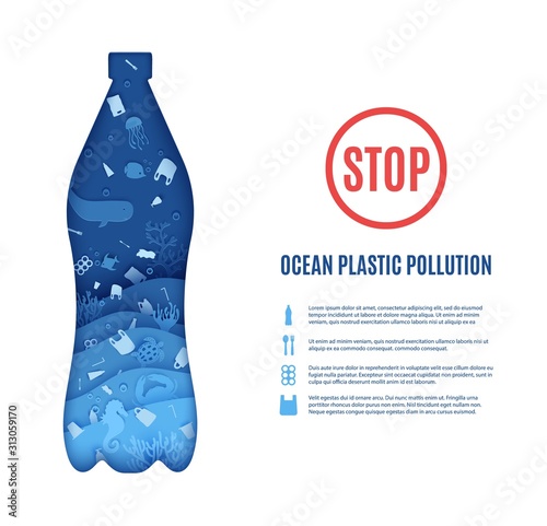 Stop ocean plastic pollution banner design template in paper cut style. Papercut 3d background. Bottle cut out silhouette inside which sea inhabitants plastic garbage. Vector World Oceans Day concept