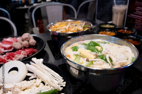Chinese style hot pot shabu, meat and seafood with vegetables