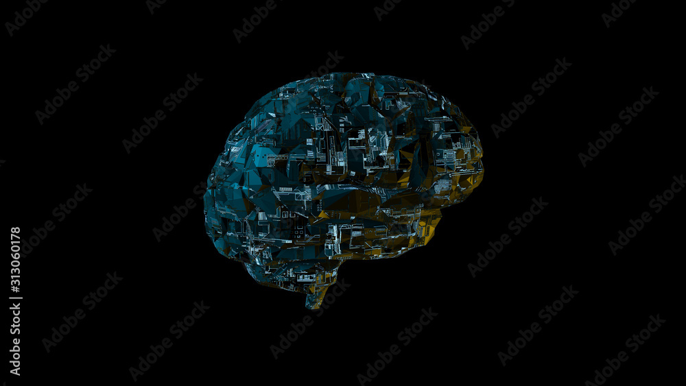 Biomechanical computer brain - glowing blue machine mind 3D render - side view Biomechanical computer brain - glowing blue machine mind 3D render - side view