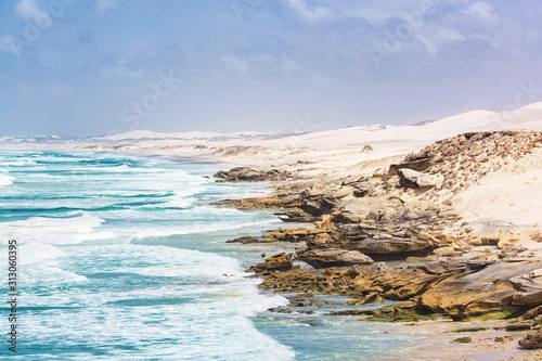 Picturesque landscape of sand dunes, coastline and Indian Ocean, De Hoop Nature Reserve, South Africa