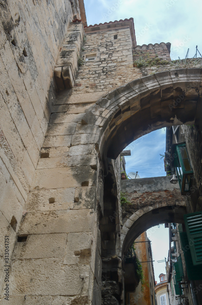 Narrow streets of old city in Split, Croatia on June 15, 2019.