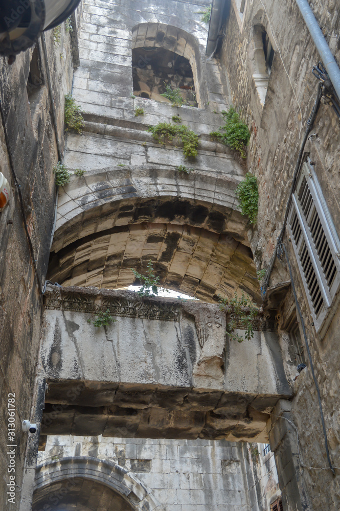 Narrow streets of old city in Split, Croatia on June 15, 2019.