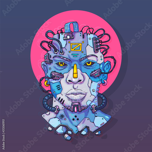 Character Face in futuristic virtual style. Cyber Punk Vector Illustration. Cartoon art for web and print. Trendy Cyber Art Poster.
