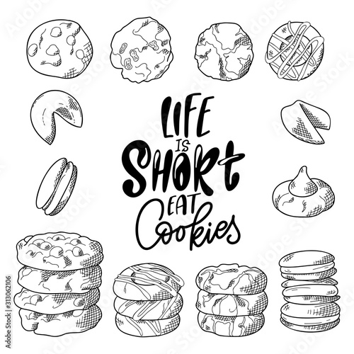 Sketch ink graphic design. Sweet cookies. Lettering on poster with bakery product. Vector illustration
